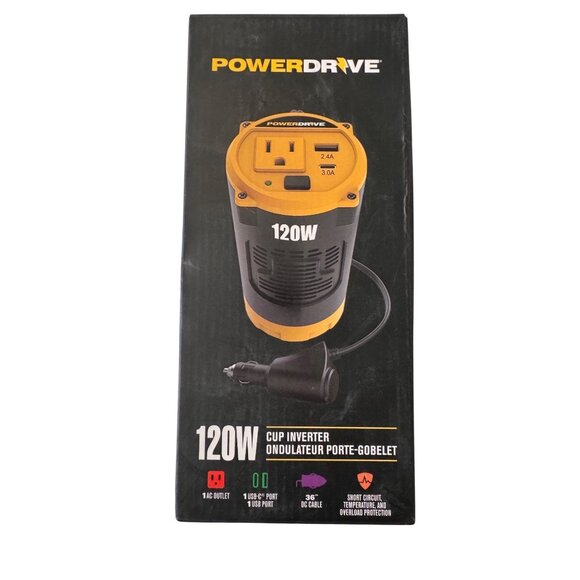Power Drive 120W Cup Inverter 12 Volt AC Outlet USB 36" DC Cable NWB - Picture 1 of 12